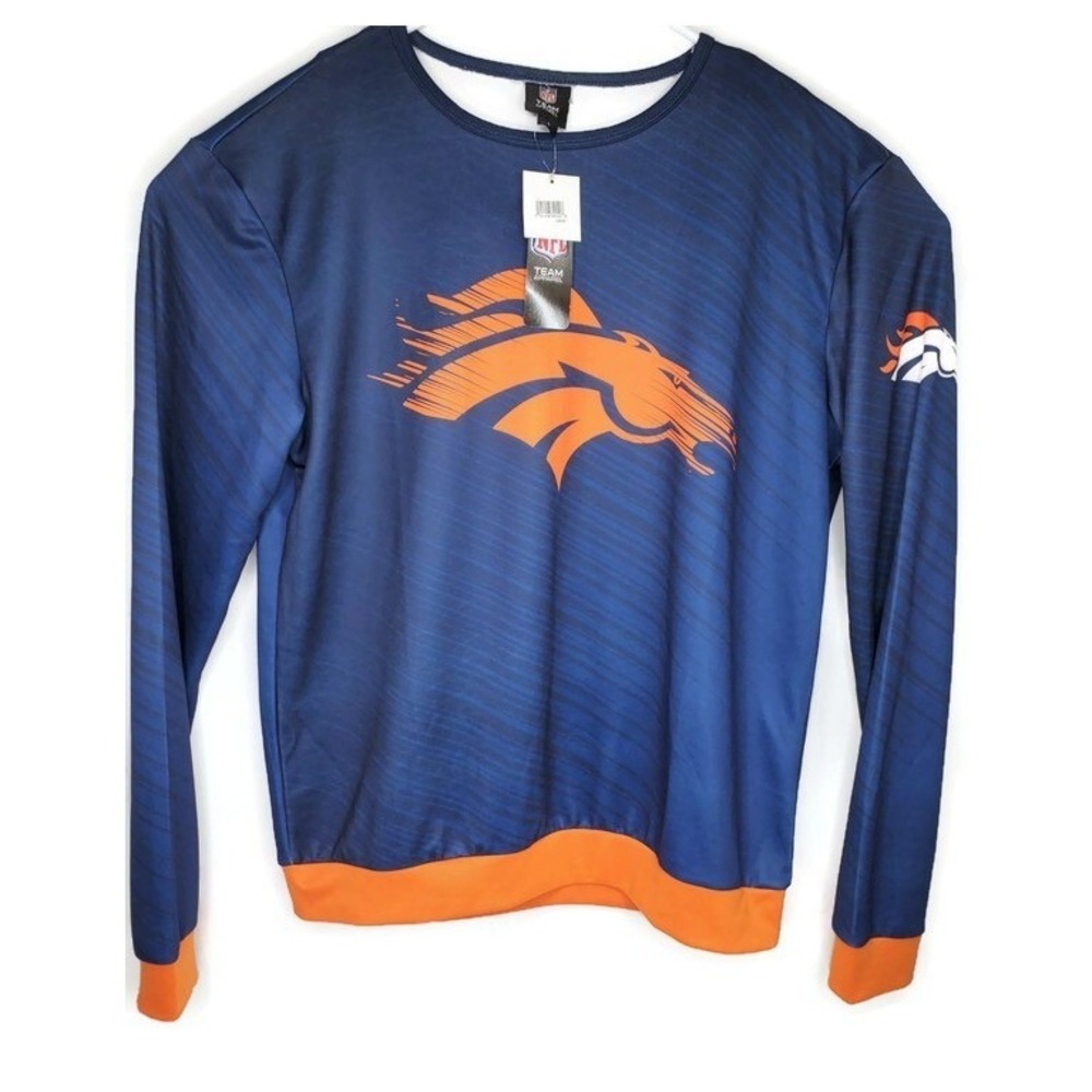 NFL Team Apparel Denver Broncos Mens Large Navy Blue Orange Long Sleeve Shirt
